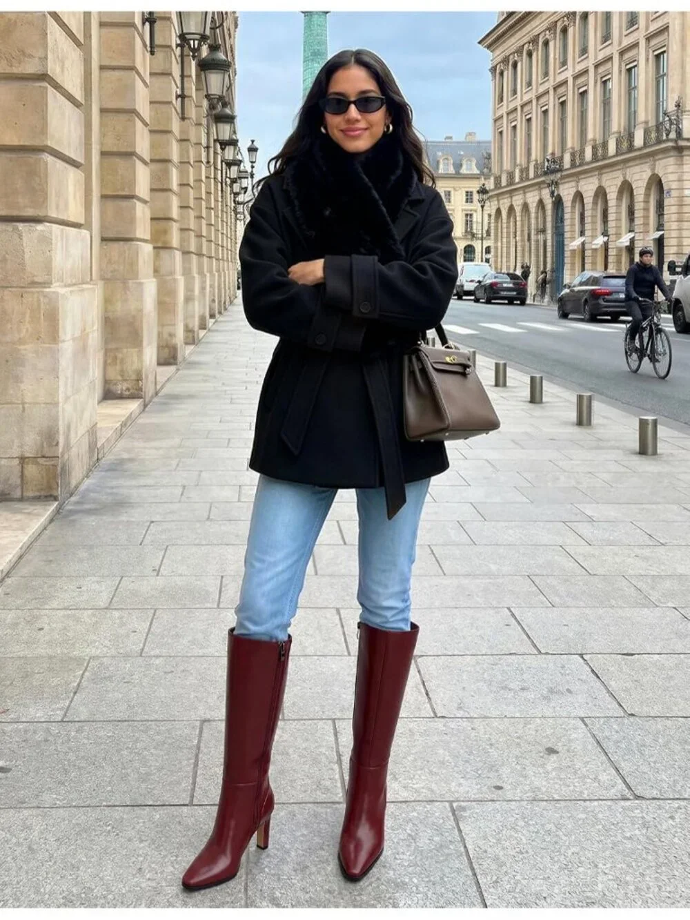Women's Red Faux Leather Pointed Square Toe Stiletto Chunky Heel Knee High Boots